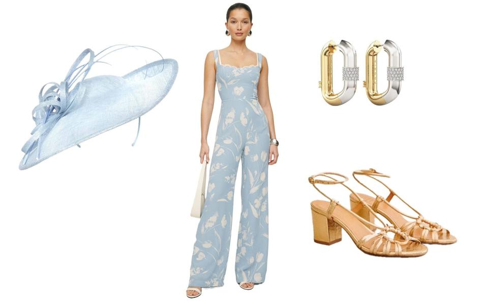 Headband fascinator, currently £65 down from £85, Hobbs; Viscose jump-suit, £298, Reformation; Sterling silver and gold vermeil earrings, £320, Phoria; Leather shoes, £160, Sézane