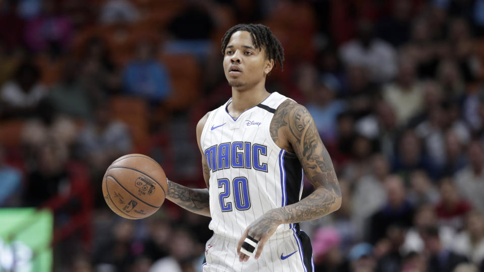 Orlando Magic guard Markelle Fultz (20) in action during the first half of an NBA basketball game against the Miami Heat, Monday, Jan. 27, 2020, in Miami. (AP Photo/Lynne Sladky)