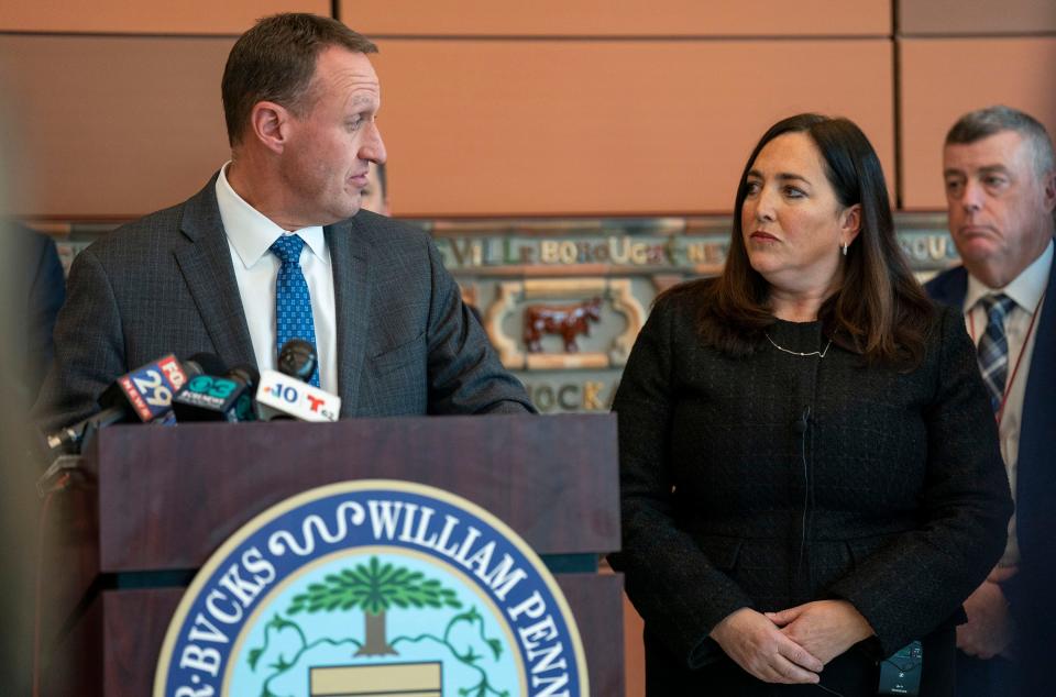 Homeland Security Investigations Special Agent in Charge William S. Walker, left, speaks to the press alongside First Deputy District Attorney Jennifer Schorn, right, during the press conference about the case, Commonwealth v. Brian N. Harris at the Bucks County Justice Center in Doylestown on Tuesday, Nov. 28, 2023.

[Daniella Heminghaus | Bucks County Courier Times]