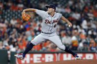 Detroit Tigers starting pitcher Matthew Boyd throws to a Houston Astros batter during the first inning of a baseball game Tuesday, April 13, 2021, in Houston. (AP Photo/Michael Wyke)