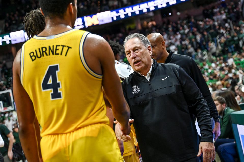 Michigan State coach Tom Izzo Coach Tom Izzo, right, shakes hands with Michigan's Nimari Burnett after the Spartans' victory over the Wolverines on Tuesday, Jan. 30, 2024, at the Breslin Center in East Lansing.  The victory was Izzo's 700th victory of his career.