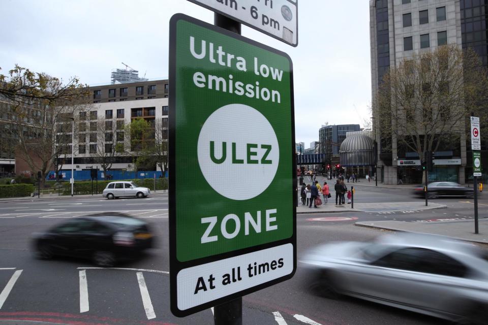 A file image of an Ultra Low Emission Zone sign in Tower Hill, central London: Yui Mok/PA