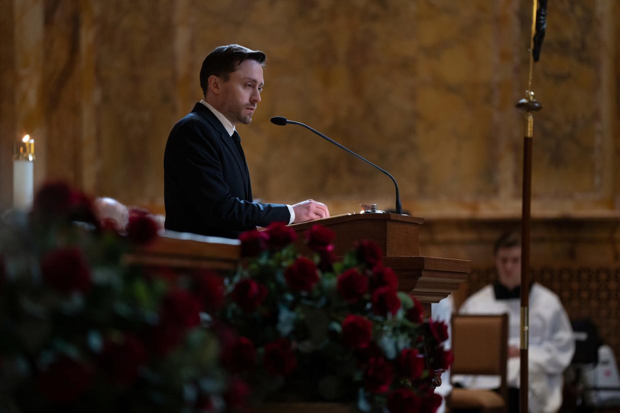 Kieran Culkin as Roman Roy delivers a eulogy in HBO's "Succession."