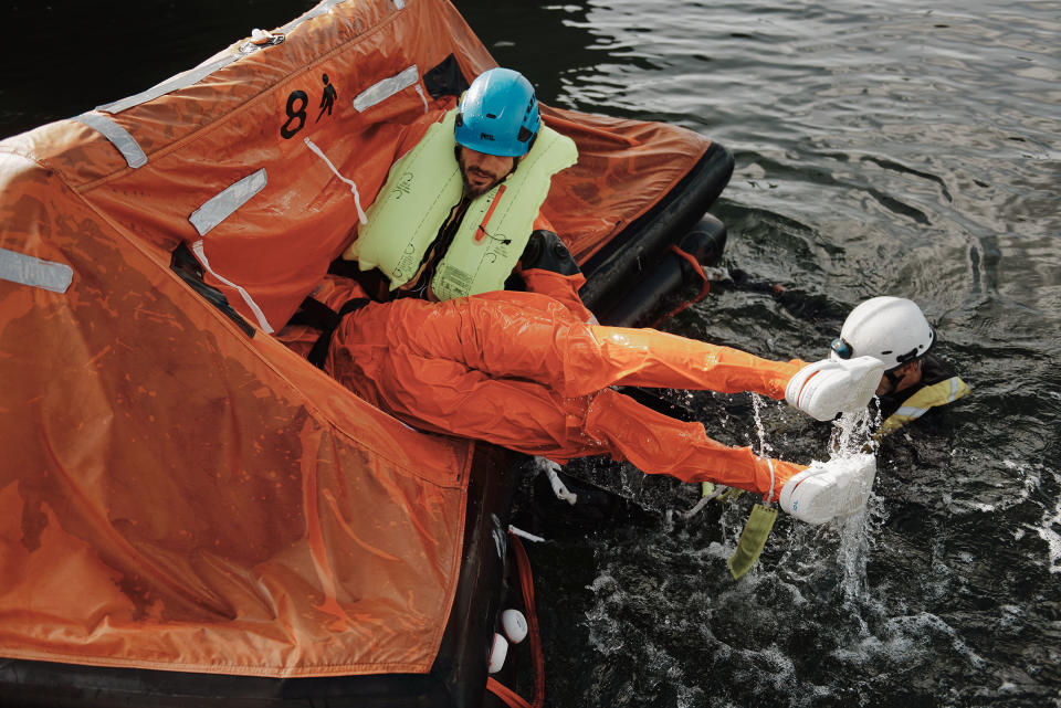 Workers preparing to erect new offshore wind farms along the U.S. East Coast in the coming years are taught how to do their jobs at sea and trained in emergency survival techniques.<span class="copyright">Tony Luong for TIME</span>