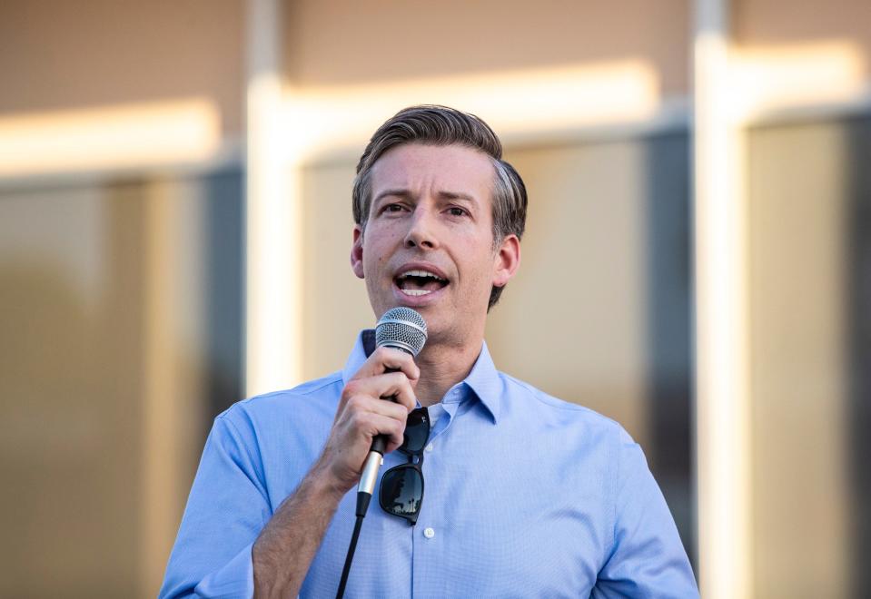 Democratic congressional candidate Will Rollins speaks in support of womenÕs rights during an abortion rights rally organized by the group in front of the Palm Springs Courthouse in Palm Springs, Calif., Friday, June 24, 2022. 