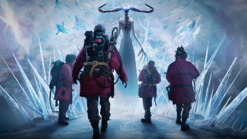 Suited up Ghostbusters approach a frozen Garraka in the key art for Ghostbusters: Frozen Empire's Halloween Horror Nights house.