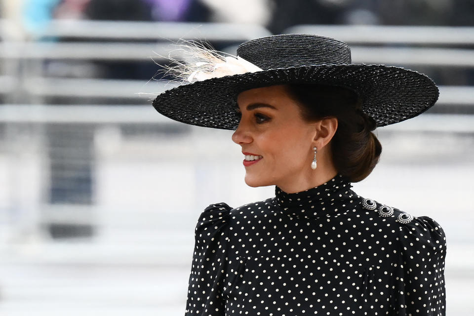 Britain's Catherine, Duchess of Cambridge arrives to attend a Service of Thanksgiving for Britain's Prince Philip, Duke of Edinburgh, at Westminster Abbey in central London on March 29, 2022. - A thanksgiving service will take place on Tuesday for Queen Elizabeth II's late husband, Prince Philip, nearly a year after his death and funeral held under coronavirus restrictions. Philip, who was married to the queen for 73 years, died on April 9 last year aged 99, following a month-long stay in hospital with a heart complaint. (Photo by Daniel LEAL / AFP) (Photo by DANIEL LEAL/AFP via Getty Images)