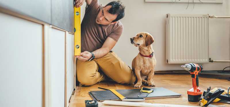 Man measuring cabinets with dog by his side.