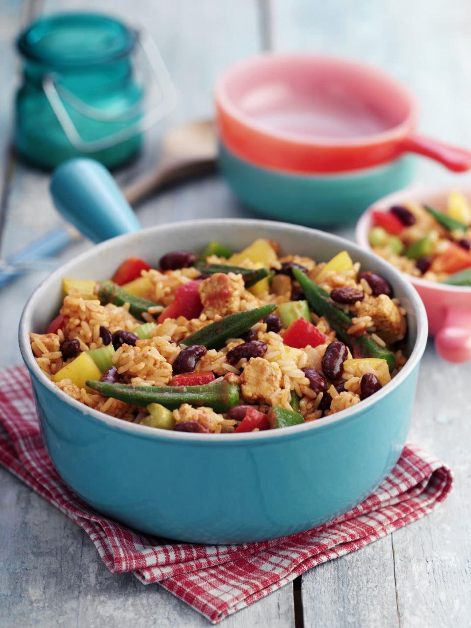 <p>Make jambalaya by combining 3/4 cup cooked brown rice; 1/2 cup corn; 2 ounces cooked turkey sausage, sliced; 1/3 cup salsa; and 1/4 cup <a href="https://www.goodhousekeeping.com/health/diet-nutrition/g5147/healthy-canned-foods/" rel="nofollow noopener" target="_blank" data-ylk="slk:no-salt-added black or navy beans" class="link rapid-noclick-resp">no-salt-added black or navy beans</a>. Heat through. Eat with 3 cups spinach sautéed with garlic in 1 tablespoon olive oil.</p><p><strong>RELATED: <a href="https://www.goodhousekeeping.com/health/diet-nutrition/g5147/healthy-canned-foods/" rel="nofollow noopener" target="_blank" data-ylk="slk:30 Healthy Canned Foods You Should Add to Your Pantry" class="link rapid-noclick-resp">30 Healthy Canned Foods You Should Add to Your Pantry</a></strong></p>