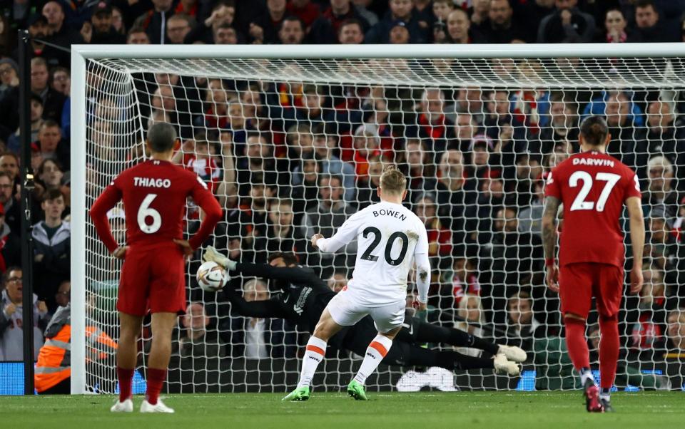 Jarrod Bowen of West Ham United has a penalty saved by Alisson Becker of Liverpool during the Premier League match between Liverpool FC and West Ham United at Anfield on October 19 - Michael Steele/Getty Images