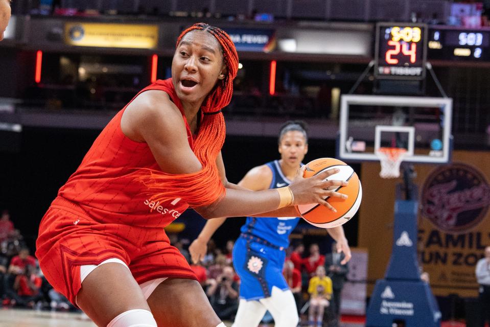 Indiana Fever forward Aliyah Boston (7) rebounds the ball in the first half against the Connecticut Sun at Gainbridge Fieldhouse.