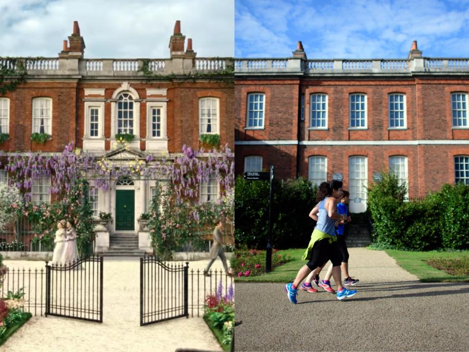 Rangers House in England covered with wisteria flowers during an episode of "Bridgerton" (Left). The same building with two people jogging in front of it (Right).