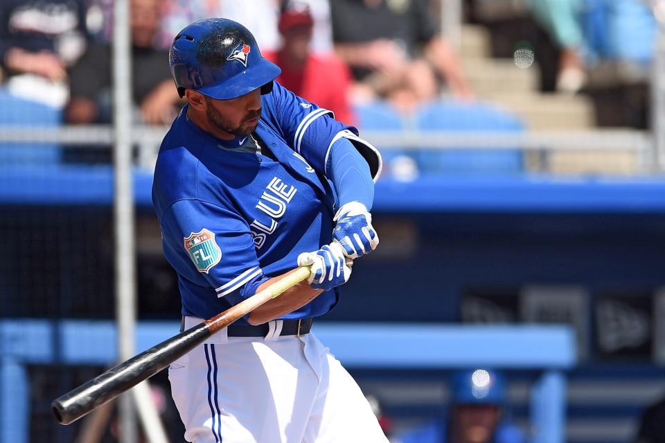 DUNEDIN, FL - MARCH 07:  Chris Colabello #15 of the Toronto Blue Jays swings at a pitch during the first inning of a spring training game against the Atlanta Braves at Florida Auto Exchange Stadium on March 7, 2016 in Dunedin, Florida.  (Photo by Stacy Revere/Getty Images)