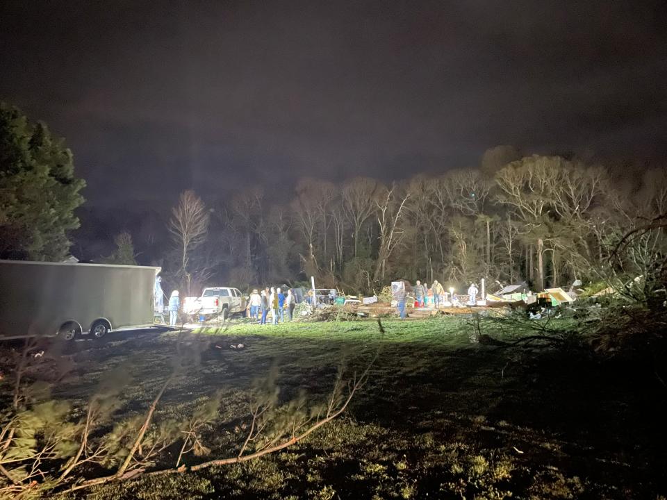 An entire house on Fawn Road in Greenwood was torn away by the storm on April 1, 2023. Some trees were pulled out by the roots, and other homes were also damaged.