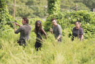 <p>Andrew Lincoln as Rick Grimes, Danai Gurira as Michonne, Ross Marquand as Aaron, Alanna Masterson as Tara Chambler (Credit: Gene Page/AMC) </p>