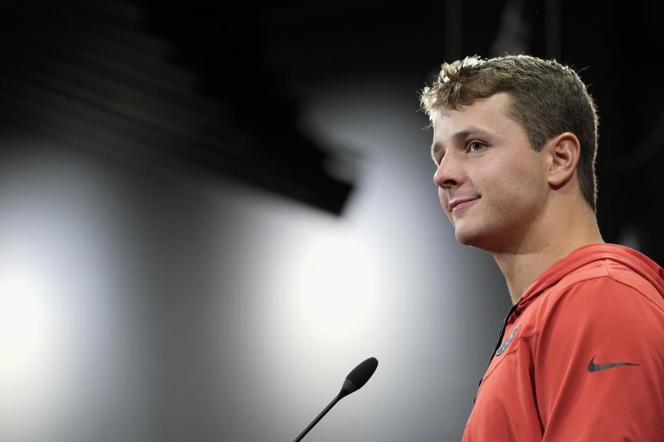 San Francisco 49ers quarterback Brock Purdy speaks to reporters after the NFL football team's practice Tuesday, May 23, 2023, in Santa Clara, Calif. (AP Photo/Godofredo A. Vásquez)