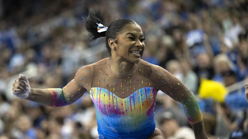 UCLA's Jordan Chiles reacts during an NCAA gymnastics meet against Oregon State on Sunday, Jan. 29.