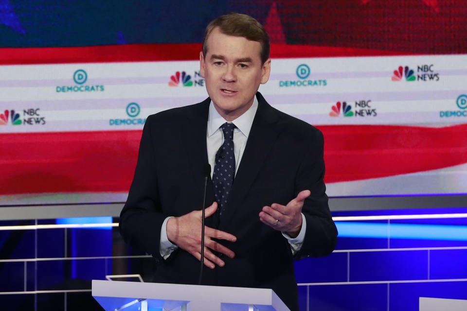 In this June 27, 2019, photo, Democratic presidential candidate Colorado Sen. Michael Bennet speaks during the Democratic primary debate hosted by NBC News at the Adrienne Arsht Center for the Performing Arts, in Miami. It’s been tough to run for the Democratic presidential nomination as a moderate if your name isn’t Joe Biden. But some candidates hope that’s changing. (AP Photo/Wilfredo Lee)