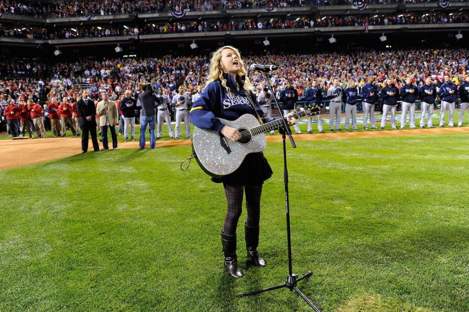 Taylor Swift performs at a World Series game in Philadelphia, Pennsylvania, on October 25, 2008.