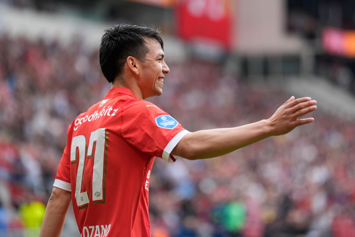 EINDHOVEN, NETHERLANDS - MAY 19: Hirving Lozano of PSV celebrates the 3-1 during the Dutch Eredivisie  match between PSV v RKC Waalwijk at the Philips Stadium on May 19, 2024 in Eindhoven Netherlands (Photo by Photo Prestige/Soccrates/Getty Images)