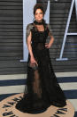 <p>The actress hit up <em>Vanity Fair</em>‘s after-party in a darkly romantic black gown with a ruffled neck. (Photo: Jon Kopaloff/WireImage) </p>