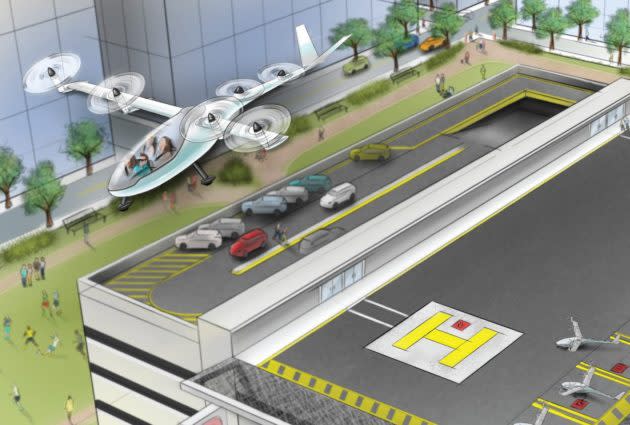 An artist’s conception shows an electric-powered VTOL aircraft taking off from a vertiport on the roof of an office building. (Uber Illustration)