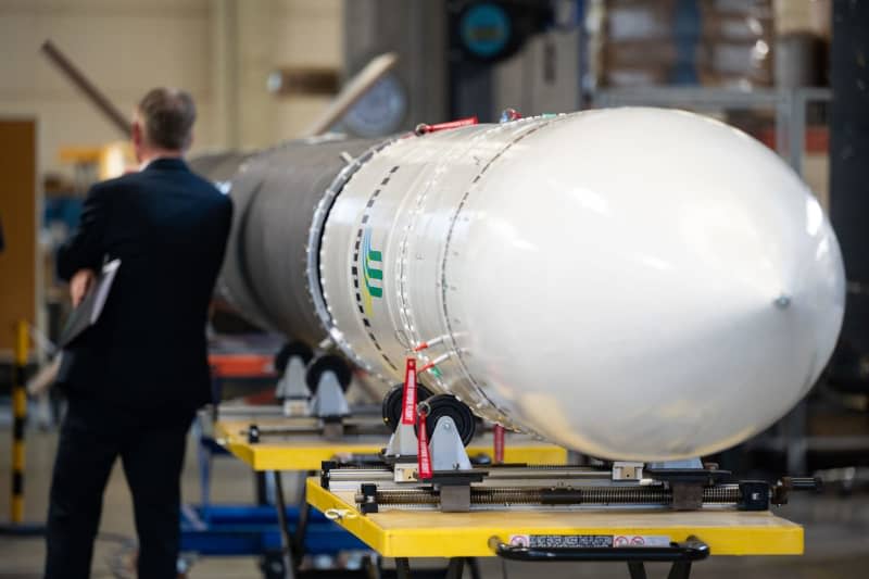 A sounding rocket stands in a hall of the rocket start up HyImpulse Technologies GmbH. Marijan Murat/dpa