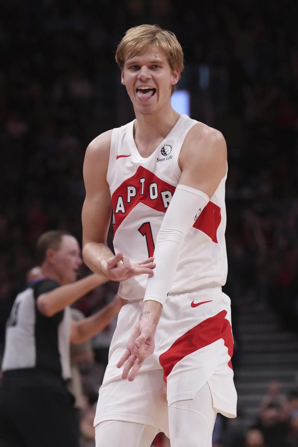 Toronto Raptors' Gradey Dick celebrates after scoring against the Washington Wizards in preseason NBA basketball game action in Toronto, Friday Oct. 20, 2023. (Chris Young/The Canadian Press via AP)