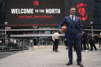 Toronto Raptors NBA basketball team new head coach Darko Rajakovic attends a media availability in Toronto on Tuesday, June 13, 2023. (Chris Young/The Canadian Press via AP)