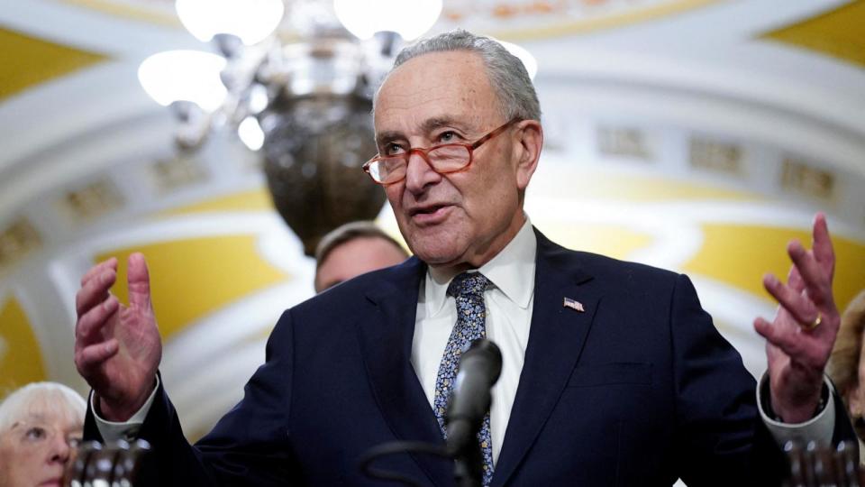 PHOTO: Senate Majority Leader Chuck Schumer speaks to reporters after the weekly senate party caucus luncheons at the Capitol in Washington, D.C., December 5, 2023.  (Ken Cedeno/Reuters)