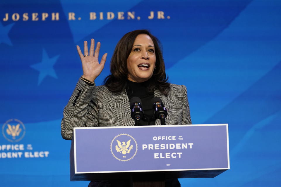 Vice President-elect Kamala Harris speaks during an event at The Queen theater, Saturday, Jan. 16, 2021, in Wilmington, Del. (AP Photo/Matt Slocum)