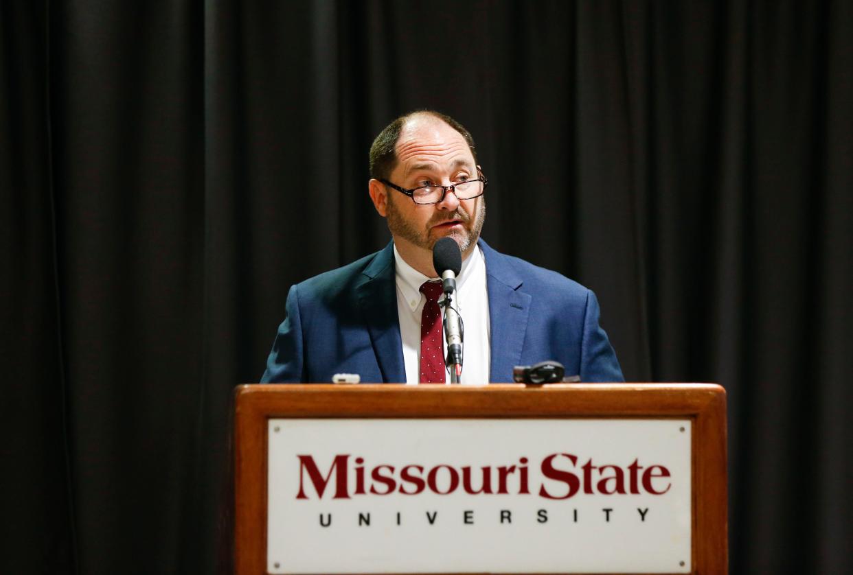 Missouri State University Athletic Director Kyle Moats formally announces Beth Cunningham as the Lady Bears' new head coach on Thursday, March 31, 2022.