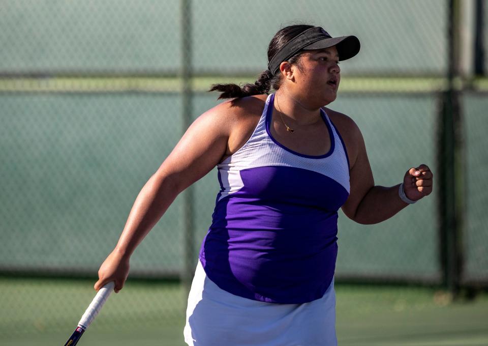 Shadow Hills' Isabella Pimentel celebrates a point during the singles final of the Desert Empire League individual tennis championships at the Indian Wells Tennis Garden in Indian Wells, Calif., Thursday, Oct. 26, 2023.