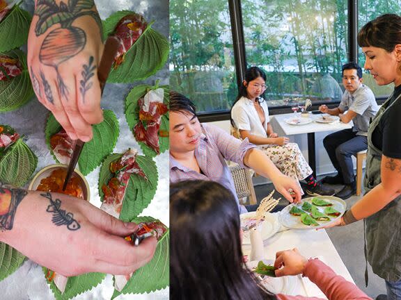 Tattoed hands arranging food on leaves, left; a chef serving food wrapped in leaves to seated diners.