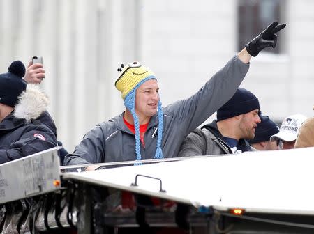 Feb 4, 2015; Boston, MA, USA; New England Patriots tight end Rob Gronkowski waves to the fans during the Super Bowl XLIX victory parade. Stew Milne-USA TODAY Sports