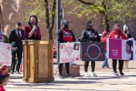 In this image provided by the Navajo Nation Office of the Speaker, Dottie Lizer, the wife of Navajo Nation Vice President Myron Lizer, addresses a crowd gathered, Wednesday, May 5, 2021, in Window Rock, Ariz., during an event to commemorate a day of awareness for the crisis of violence against Indigenous women and children. (Byron C. Shorty, Navajo Nation Office of the Speaker via AP)