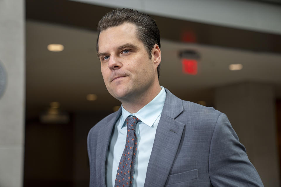 Rep. Matt Gaetz, R-Fla., speaks with reporters after hearing from U.S. Attorney David Weiss in a transcribed interview before members of the House Judiciary Committee, Tuesday, Nov. 7, 2023, in Washington. The special counsel overseeing the Hunter Biden investigation is testifying behind closed doors as a GOP probe into the Justice Department's handling of the case continues to unfold. (AP Photo/Alex Brandon)