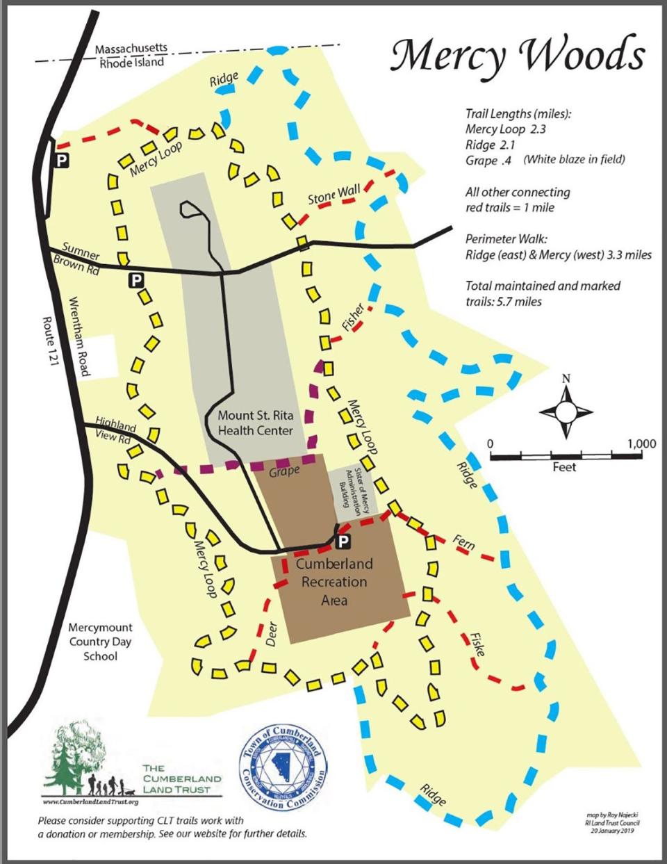 A trail map of Mercy Woods Preserve.