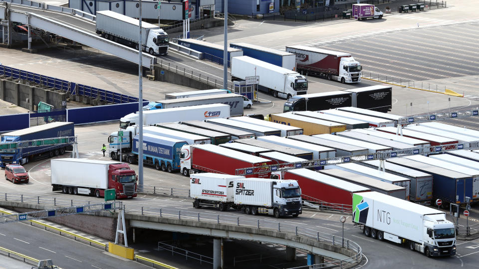 A lorries arrive at the Port of Dover in Kent. Hauliers travelling to England from outside the UK for visits lasting more than two days will be tested for coronavirus from April 6. Hauliers, including drivers and crew of heavy goods vehicles and vans, will need to be tested within 48 hours of arriving and then every three days. Picture date: Tuesday April 6, 2021. (Photo by Gareth Fuller/PA Images via Getty Images)