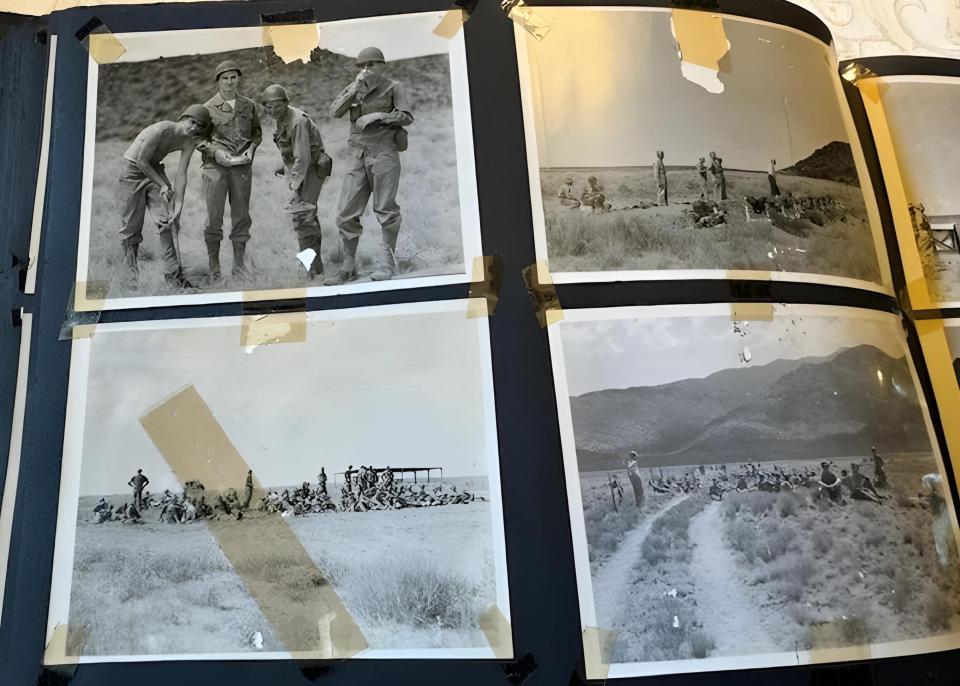 Scrapbook pages from 2nd Lt. Frank Weiss’s military career are now stored in his old footlocker, salvaged from a Detroit street corner.