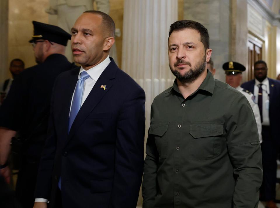 President of Ukraine Volodymyr Zelensky (R) walks with Minority Leader Rep. Hakeem Jeffries (D-NY) as he arrives for a meeting with members of the U.S. House of Representatives at the U.S. Capitol on September 21, 2023 in Washington, DC. Democrats are almost unanimous in their support for Ukraine compared to Republicans, who are more split. (Getty Images)