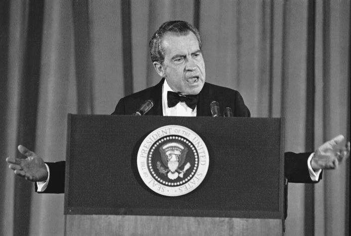 FILE - President Richard Nixon tells a group of Republican campaign contributors, he will get to the bottom of the Watergate scandal during a speech on May 9, 1973 in Washington. (AP Photo/John Duricka, File)