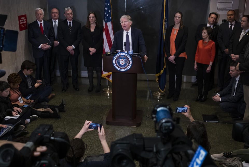 Manhattan District Attorney Cyrus Vance Jr., speaks after a verdict in the Harvey Weinstein rape trial, Monday, Feb. 24, 2020, in New York. Vance spoke outside the courtroom, Monday, shortly after a jury convicted Weinstein of rape and sexual assault. The jury found him not guilty of the most serious charge, predatory sexual assault, which could have resulted in a life sentence. (AP Photo/Craig Ruttle)