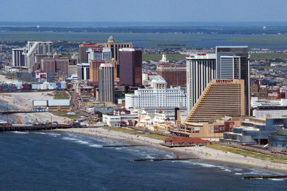 This July 11, 2014 aerial photo shows the shoreline in Atlantic City, N.J. The city's voters will decide on May 12, 2020, whether to eliminate an elected mayor in favor of an appointed city manager. (AP Photo/Wayne Parry)