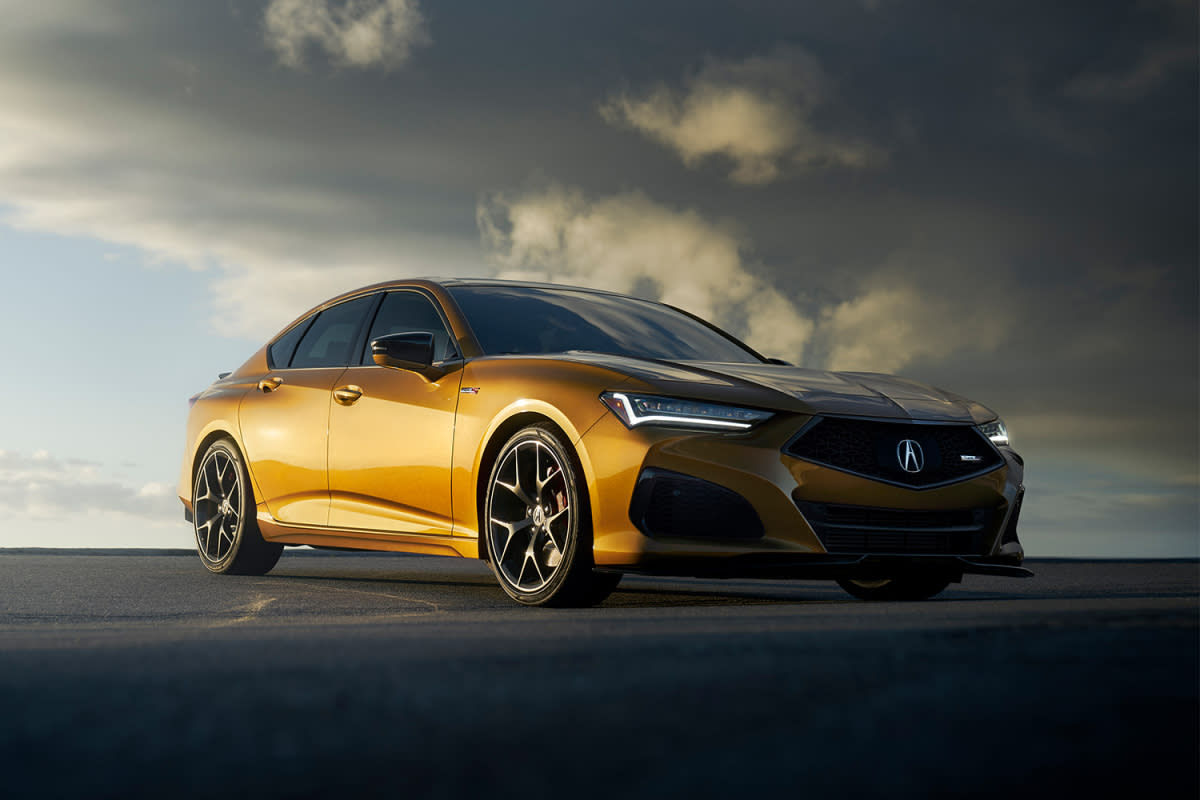 The 2021 Acura TLX Type S, a powerful new four-door sedan in gold. Can this be the starting point for Acura's electric car transformation.