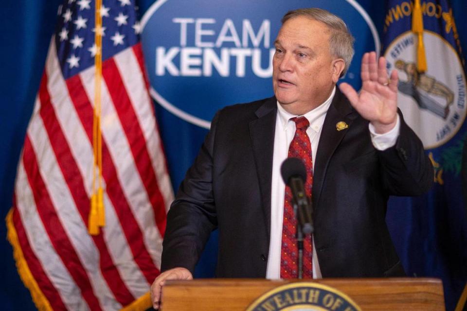 Kentucky Senate President Robert Stivers, R-Manchester, speaks during a media conference Wednesday, Jan. 19, 2022, in the rotunda at the Kentucky State Capitol in Frankfort announcing the results from a study detailing the growth and impact of Kentucky’s bourbon and distilled spirits industry.