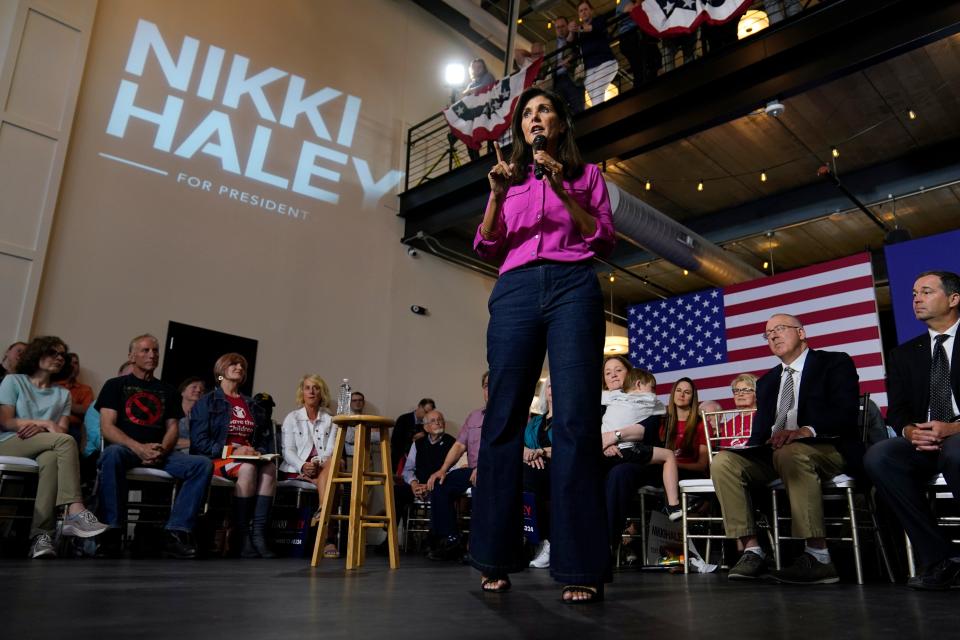 Republican presidential candidate Nikki Haley speaks during a town hall campaign event, Wednesday, May 17, 2023, in Ankeny, Iowa. (AP Photo/Charlie Neibergall)