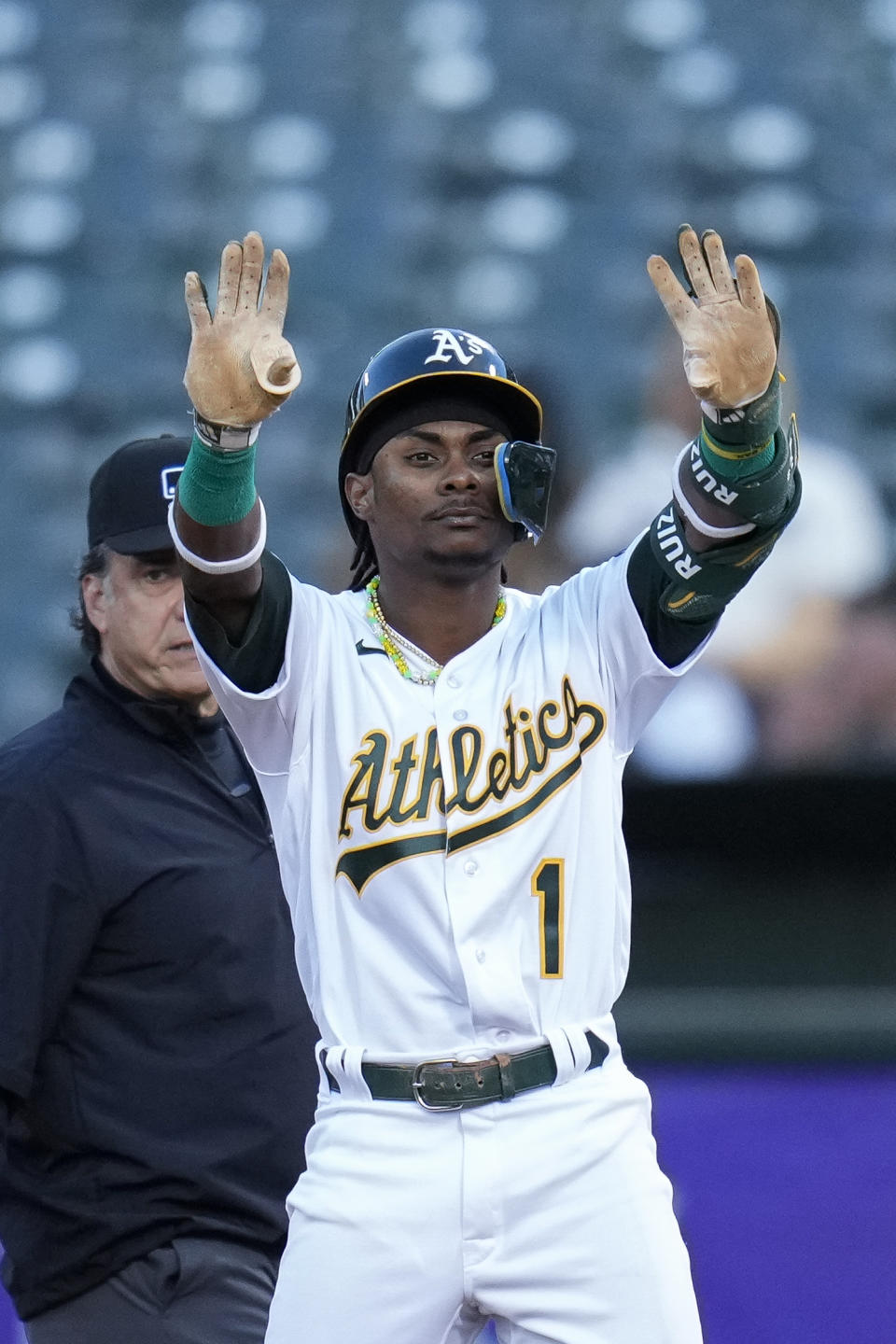 Oakland Athletics' Esteury Ruiz reacts after hitting an RBI single against the Atlanta Braves during the fifth inning of a baseball game in Oakland, Calif., Tuesday, May 30, 2023. (AP Photo/Godofredo A. Vásquez)