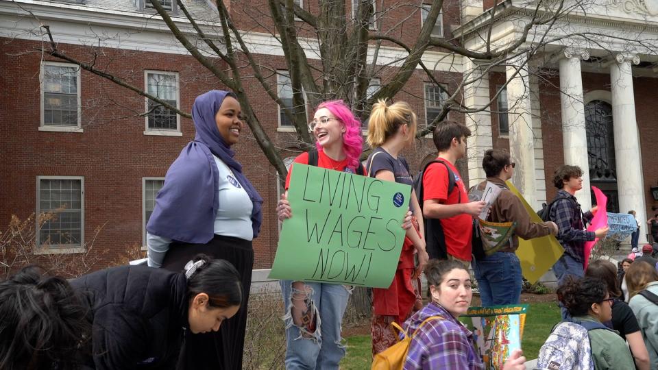 University of Vermont students show their support for staff union UVM Staff United outside the Waterman Building on April 15, 2022.