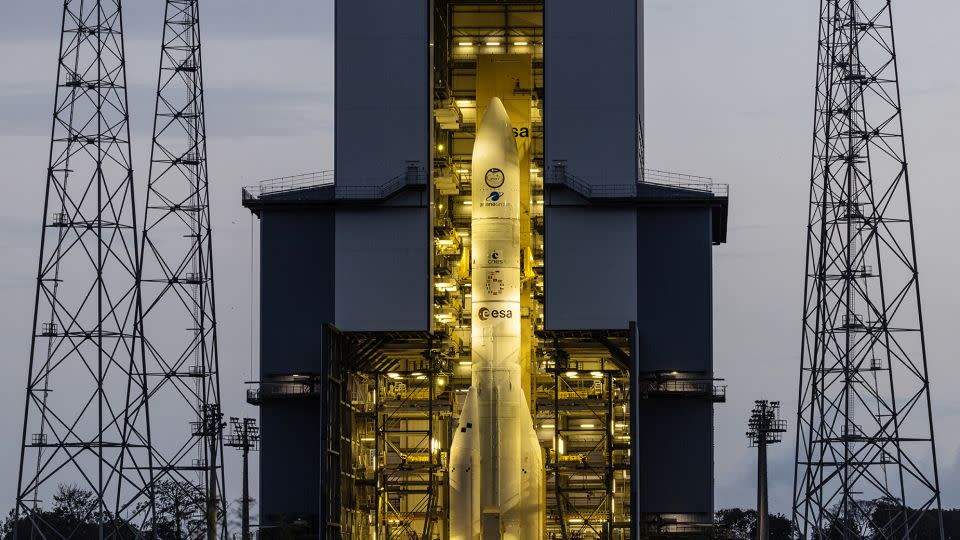 The Ariane 6 rocket is seen prior to its maiden launch at the Guiana Space Center on Tuesday. - Jody Amiet/AFP/Getty Images